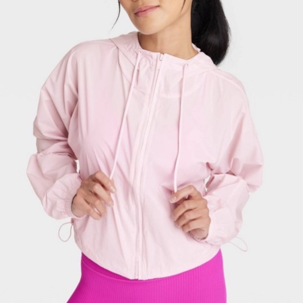 NWT Pink Hooded Full-Zip Windbreaker Jacket Women's Size L with Waist Drawstring